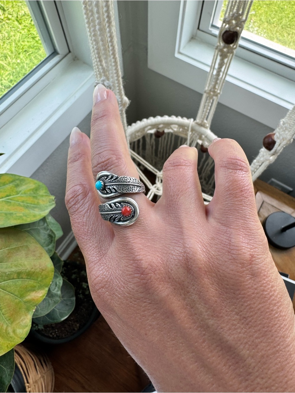 Navajo handmade, stamped, sterling silver turquoise and coral adjustable ring - Picture 2 of 7